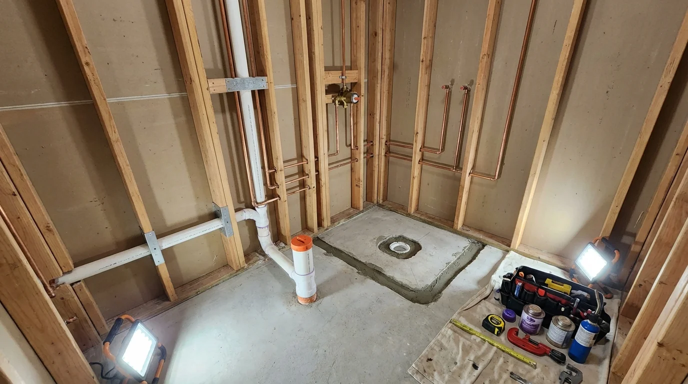 Bathroom rough-in plumbing during remodel by Johns Plumbing LLC in Knox