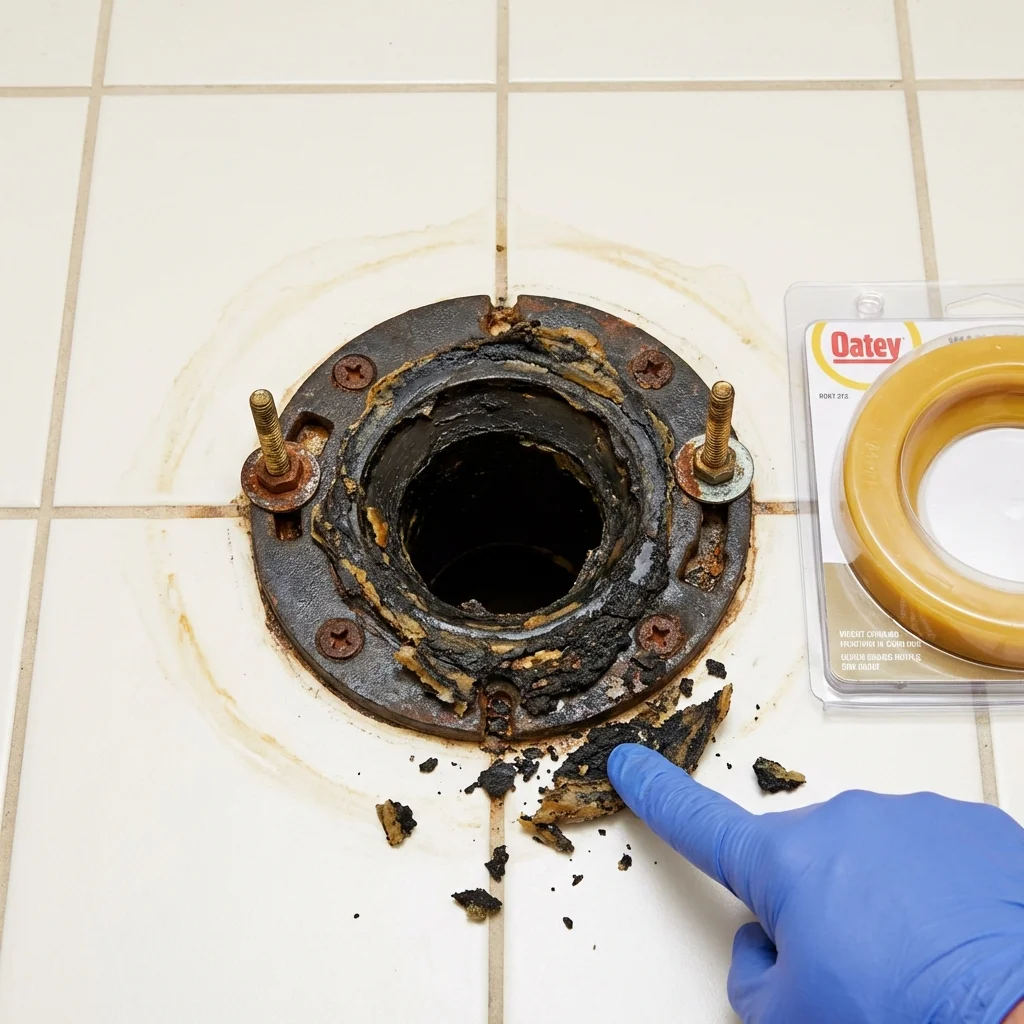 Failed wax ring showing water seepage at the base of a toilet in a Knox, IN home