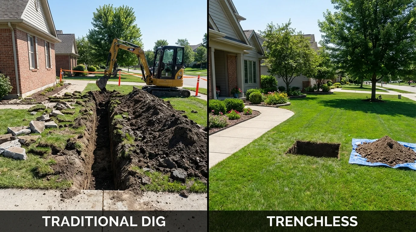 Trenchless sewer repair with minimal yard damage versus traditional excavation in Knox, IN